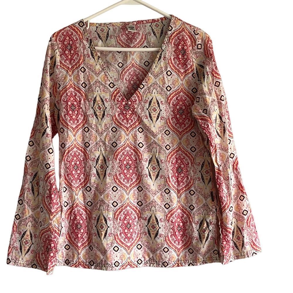 Prana Cotton Tunic Pink White Patterned Fabric V-Neck Split Hem Bottom Sleeves S